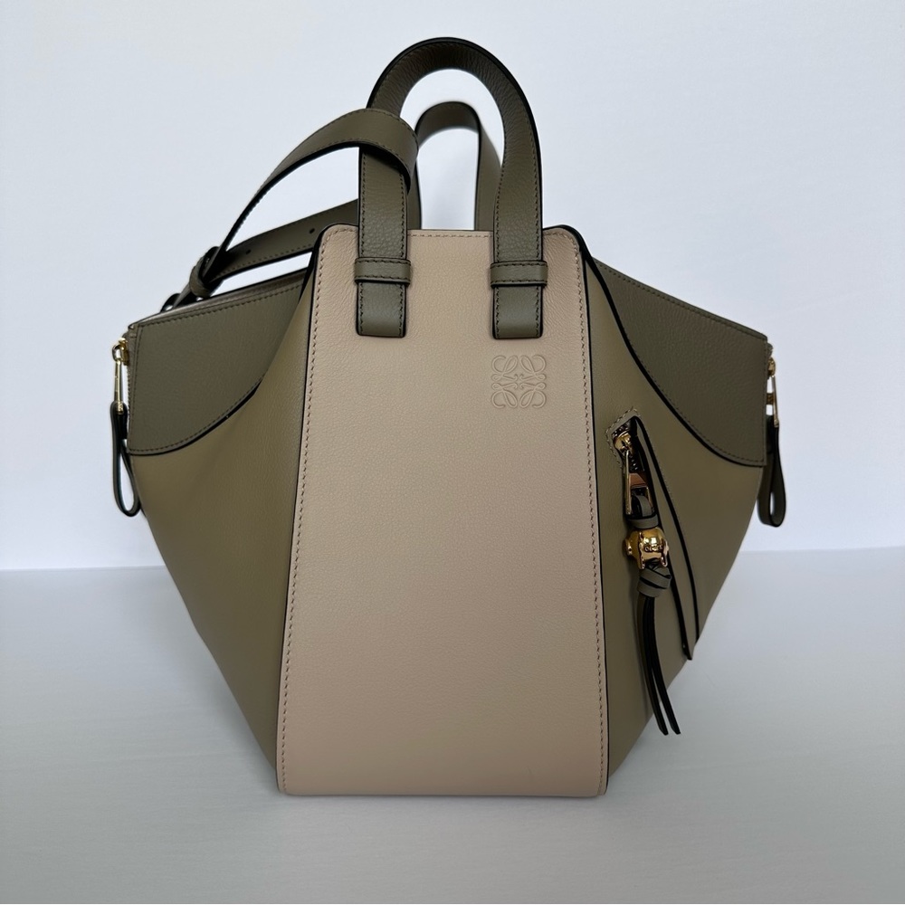 Loewe Small Hammock Bag in Classic Calfskin Tricolor Clay Green/Dusty Beige